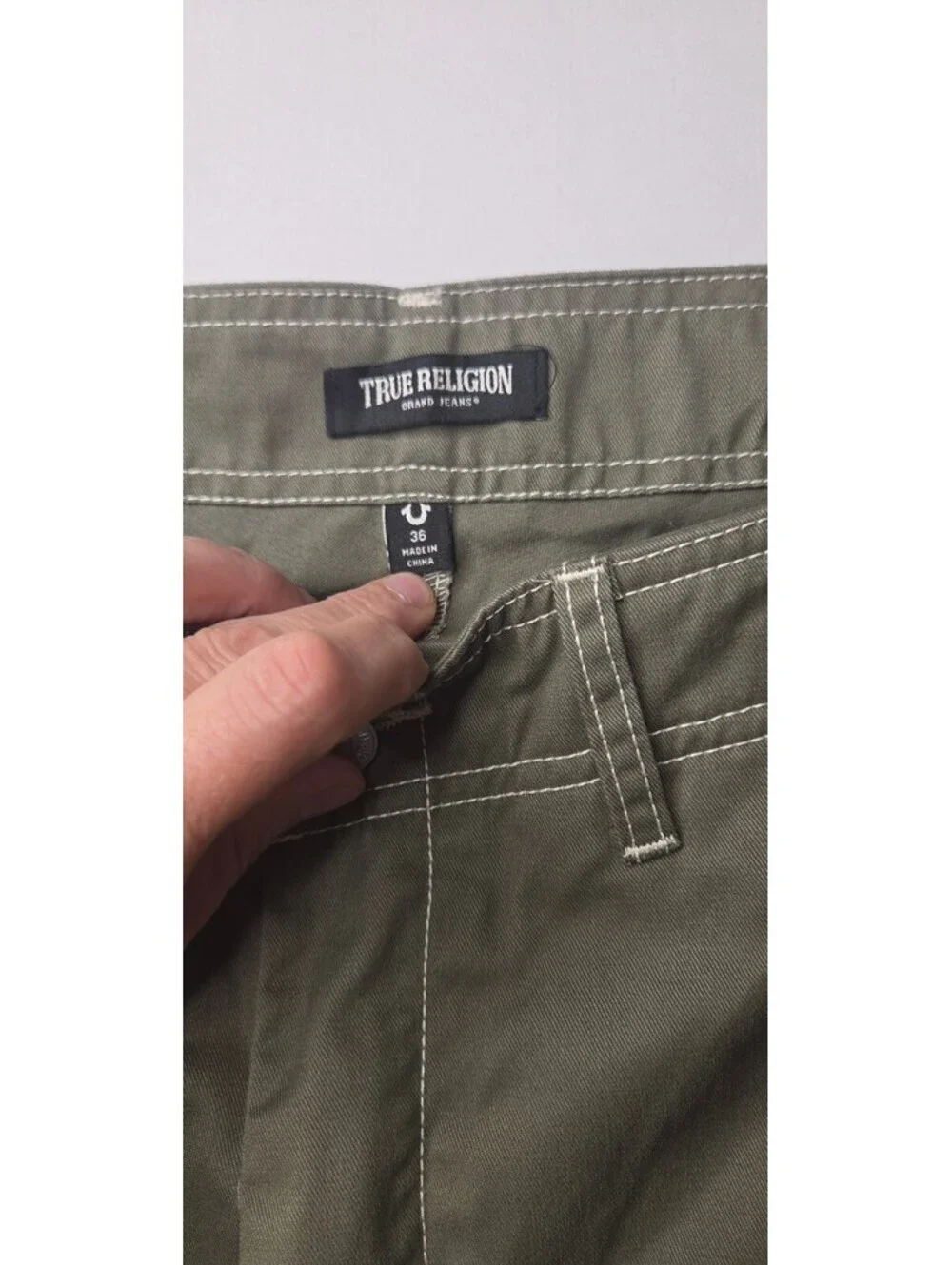 True Religion Kalamata Green Cargo Pant White Stitch Warped Horseshoe NWT Men 36